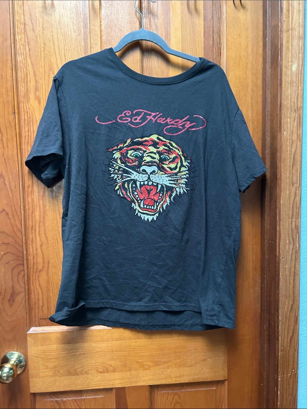 Ed Hardy Black Tee with Multicolor Roaring Tiger Graphic